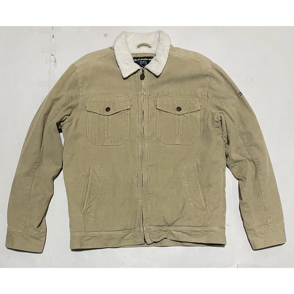 Vintage Quiksilver Trucker Corduroy Jacket Mediumโ Sherpa Lined Beige Pockets